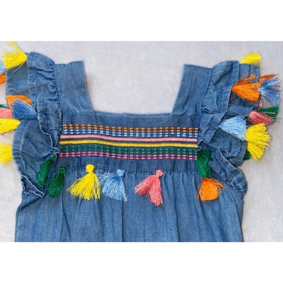 Mud Pie denim chambray romper embroidered tassels 0-3m 3-6m nwt - Picture 3 of 3